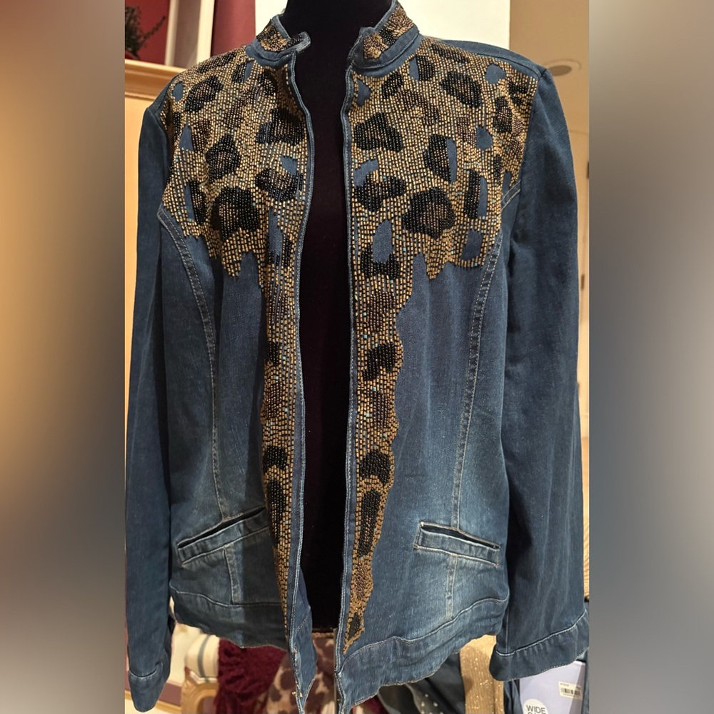 Chico's Blue Denim Jacket with Leopard Accents